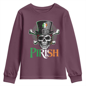 Funny St Patricks Day Pirate Youth Sweatshirt Pirish Vintage Irish Pirate Skull TS11 Maroon Print Your Wear