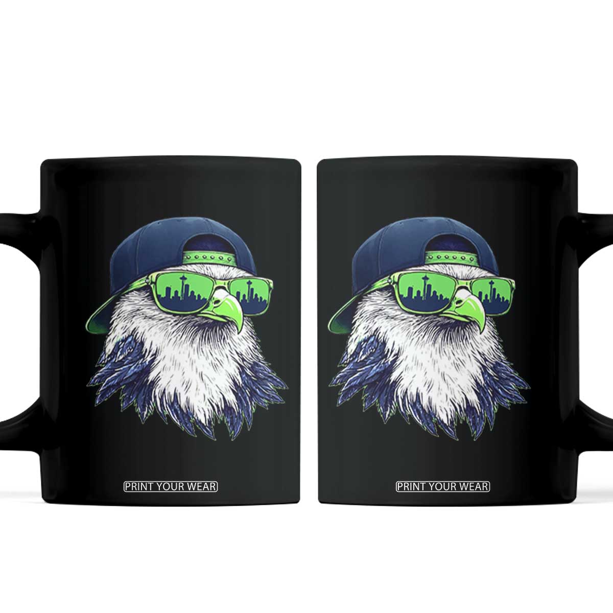 Vintage Hawk Graphic with Seattle Skyline Sunglasses Game Day Coffee Mug TS11 Black Print Your Wear