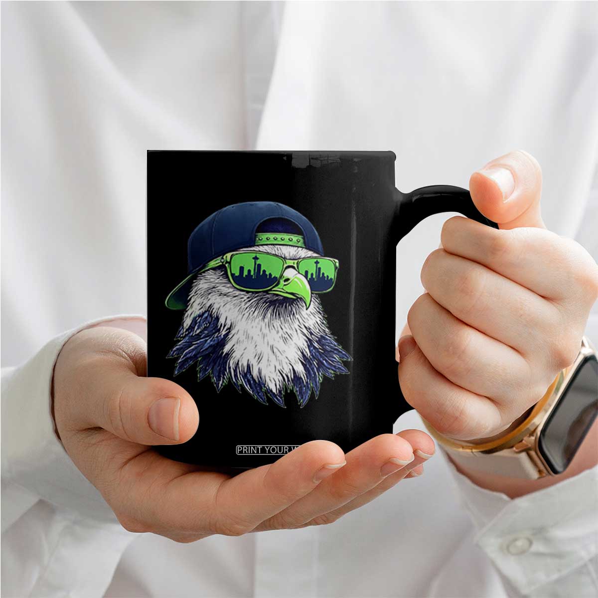 Vintage Hawk Graphic with Seattle Skyline Sunglasses Game Day Coffee Mug TS11 Print Your Wear