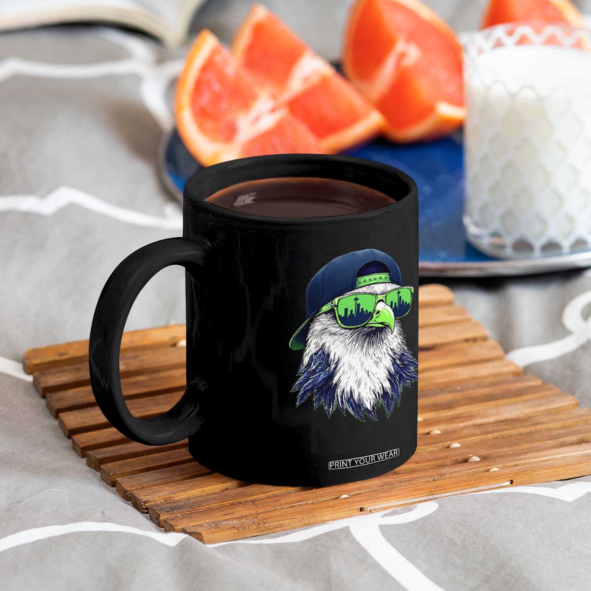 Vintage Hawk Graphic with Seattle Skyline Sunglasses Game Day Coffee Mug TS11 Print Your Wear