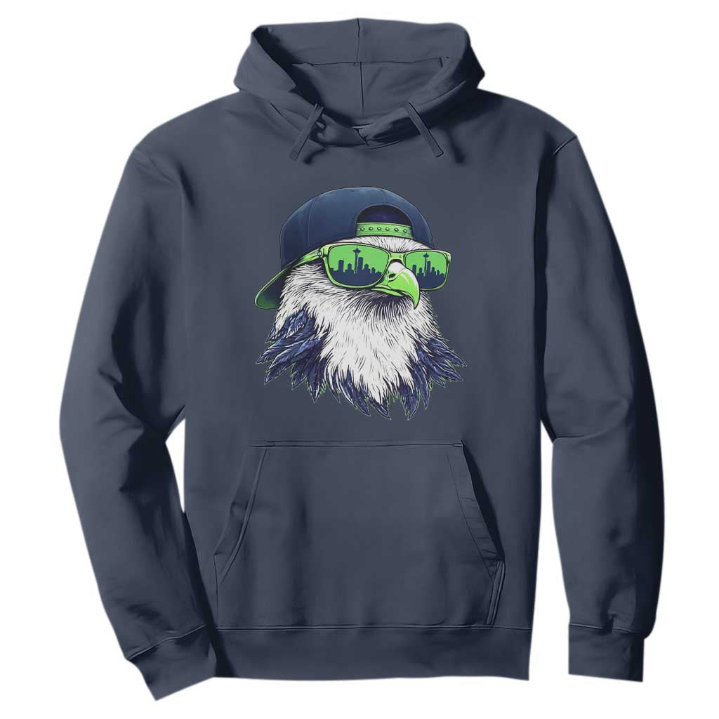 Vintage Hawk Graphic with Seattle Skyline Sunglasses Game Day Hoodie TS11 Navy Print Your Wear