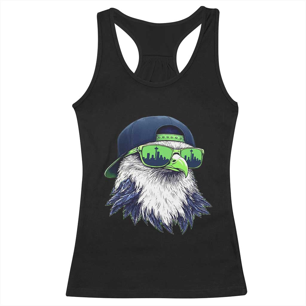 Vintage Hawk Graphic with Seattle Skyline Sunglasses Game Day Racerback Tank Top TS11 Black Print Your Wear