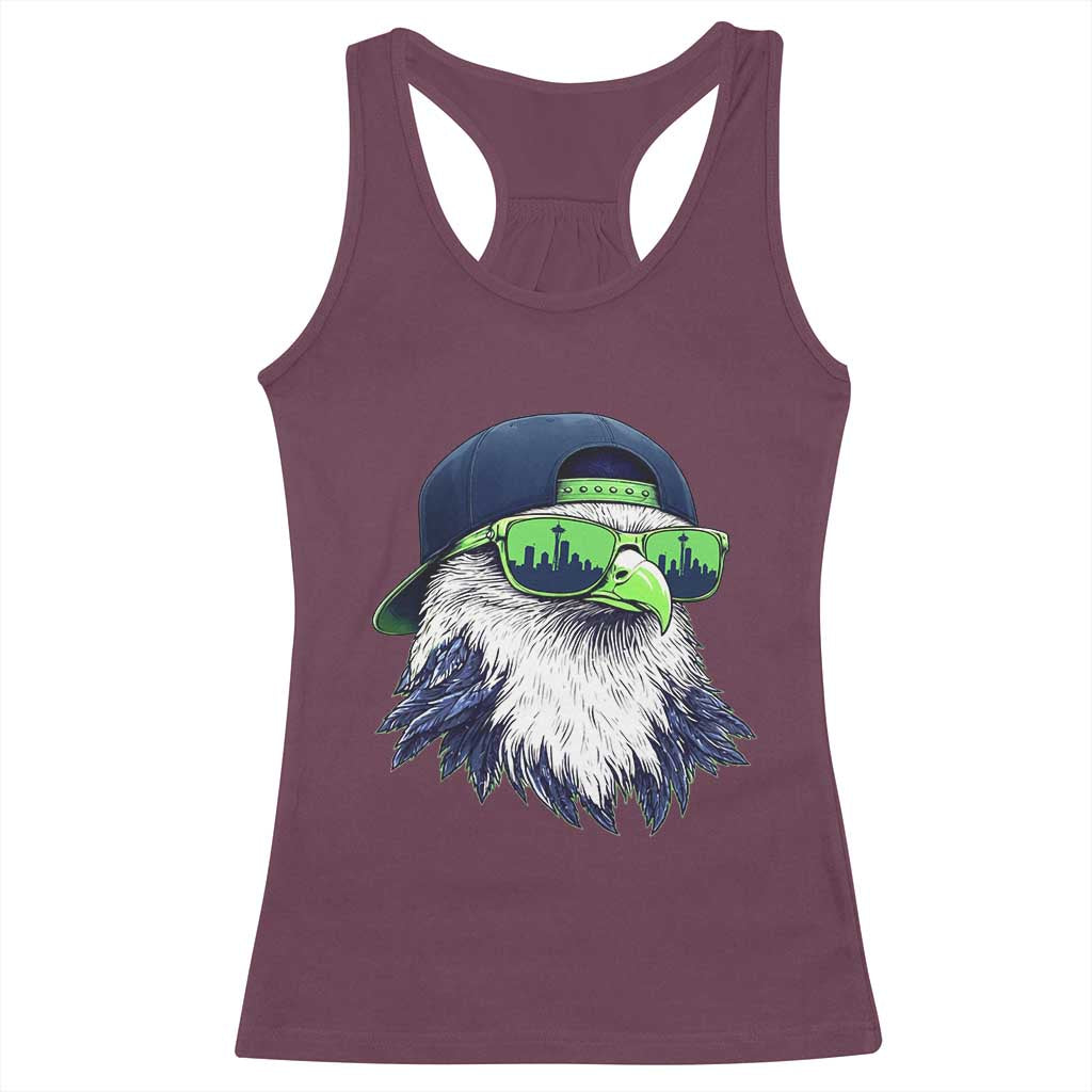 Vintage Hawk Graphic with Seattle Skyline Sunglasses Game Day Racerback Tank Top TS11 Maroon Print Your Wear