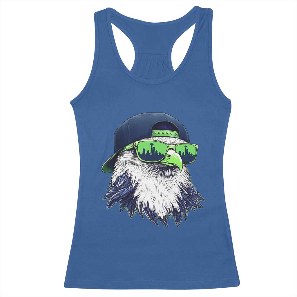 Vintage Hawk Graphic with Seattle Skyline Sunglasses Game Day Racerback Tank Top TS11 Royal Blue Print Your Wear