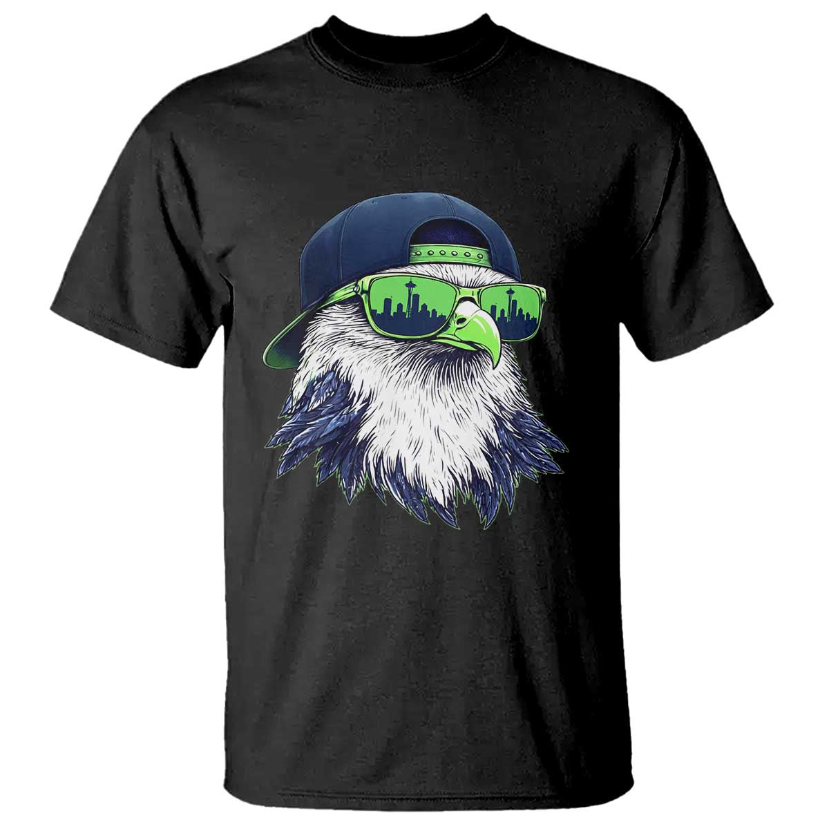 Vintage Hawk Graphic with Seattle Skyline Sunglasses Game Day T Shirt TS11 Black Print Your Wear