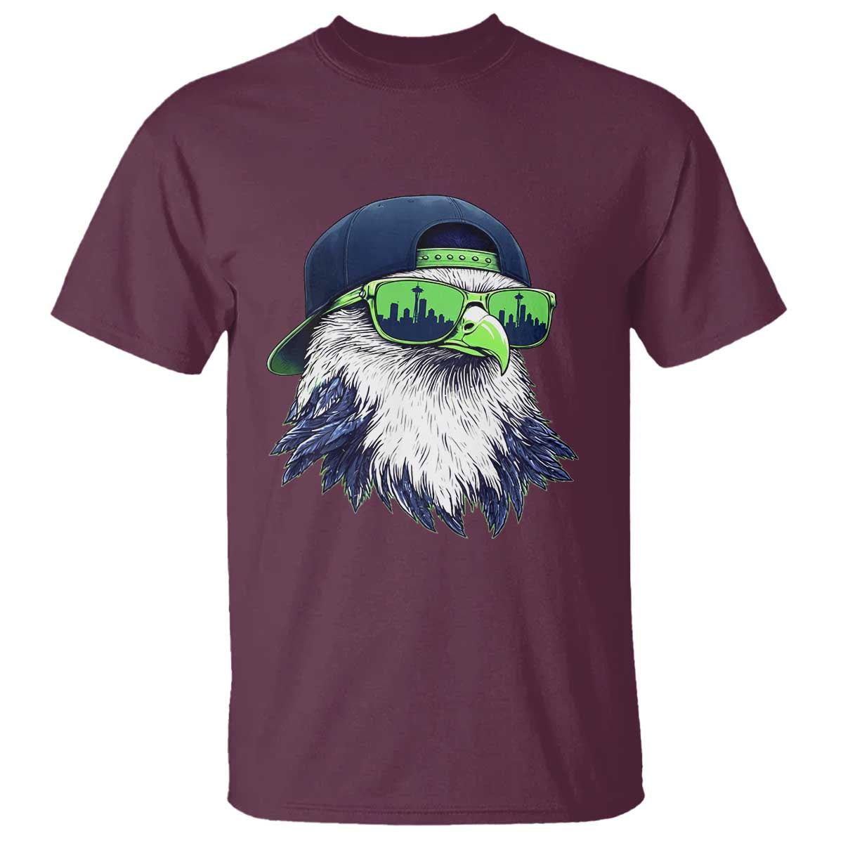 Vintage Hawk Graphic with Seattle Skyline Sunglasses Game Day T Shirt TS11 Maroon Print Your Wear