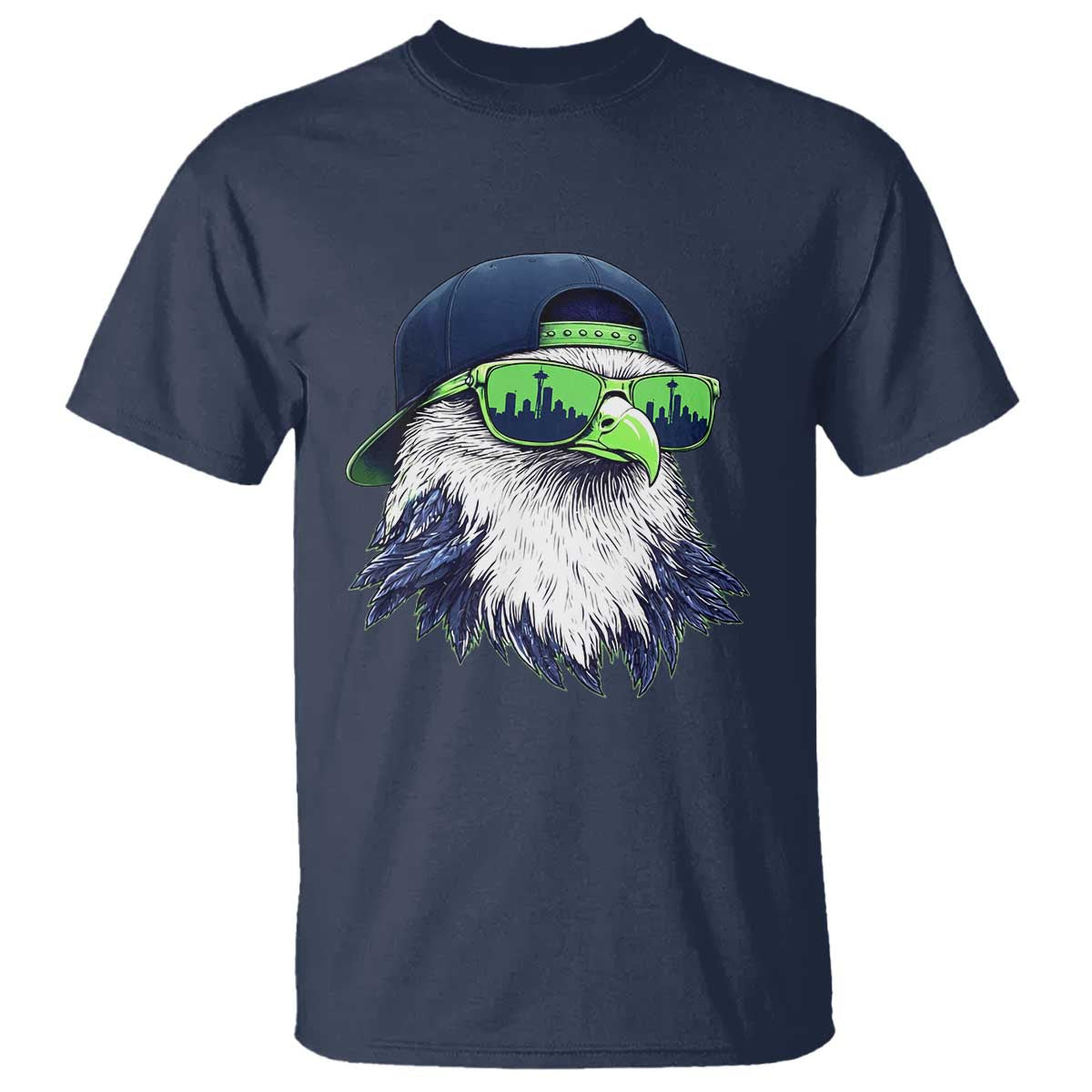 Vintage Hawk Graphic with Seattle Skyline Sunglasses Game Day T Shirt TS11 Navy Print Your Wear