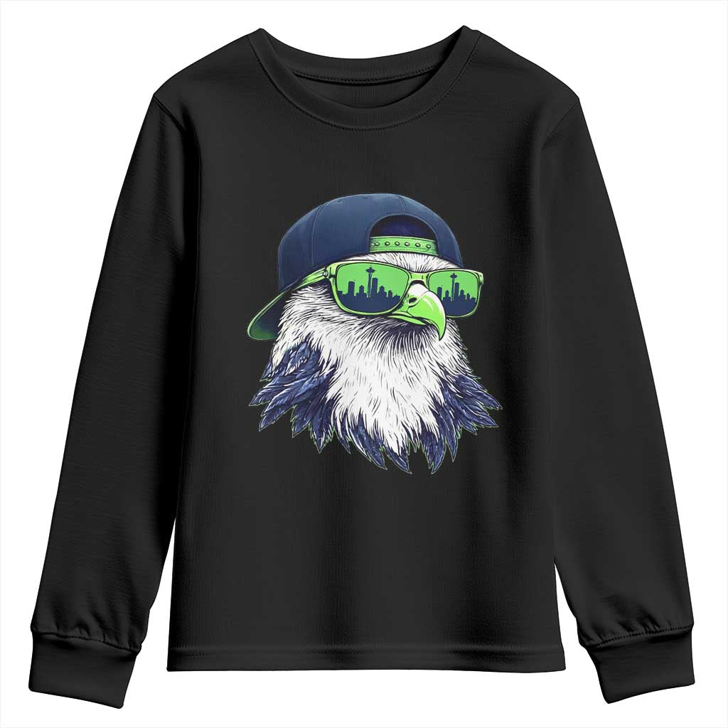 Vintage Hawk Graphic with Seattle Skyline Sunglasses Game Day Youth Sweatshirt TS11 Black Print Your Wear