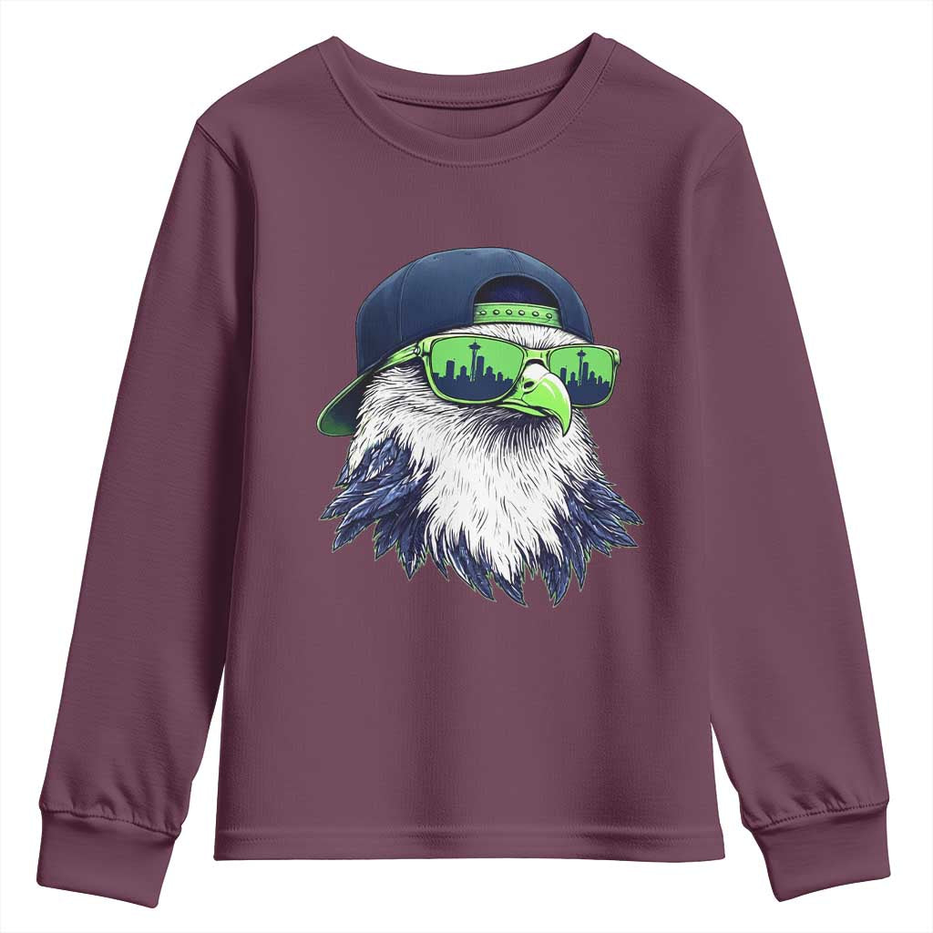 Vintage Hawk Graphic with Seattle Skyline Sunglasses Game Day Youth Sweatshirt TS11 Maroon Print Your Wear