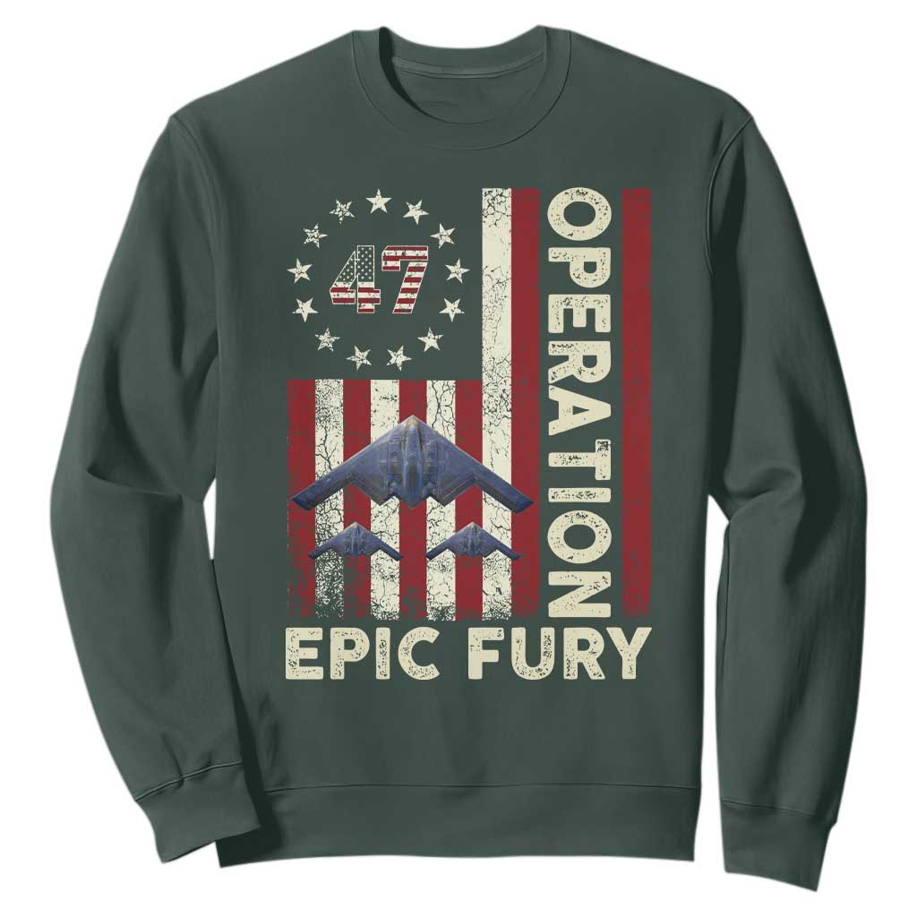 Operation Epic Fury Sweatshirt Military Tactical Warfare Stealth Jet American Flag TS11 Dark Forest Green Print Your Wear