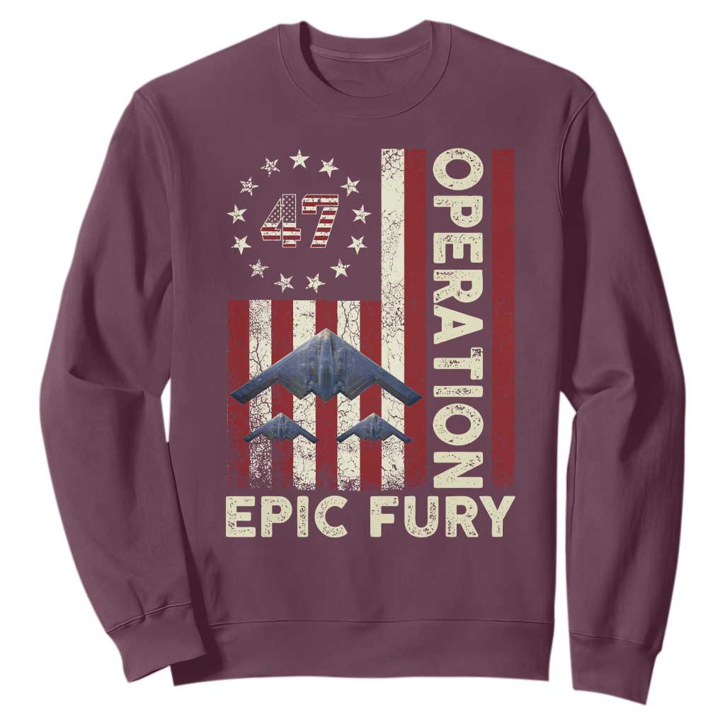 Operation Epic Fury Sweatshirt Military Tactical Warfare Stealth Jet American Flag TS11 Maroon Print Your Wear