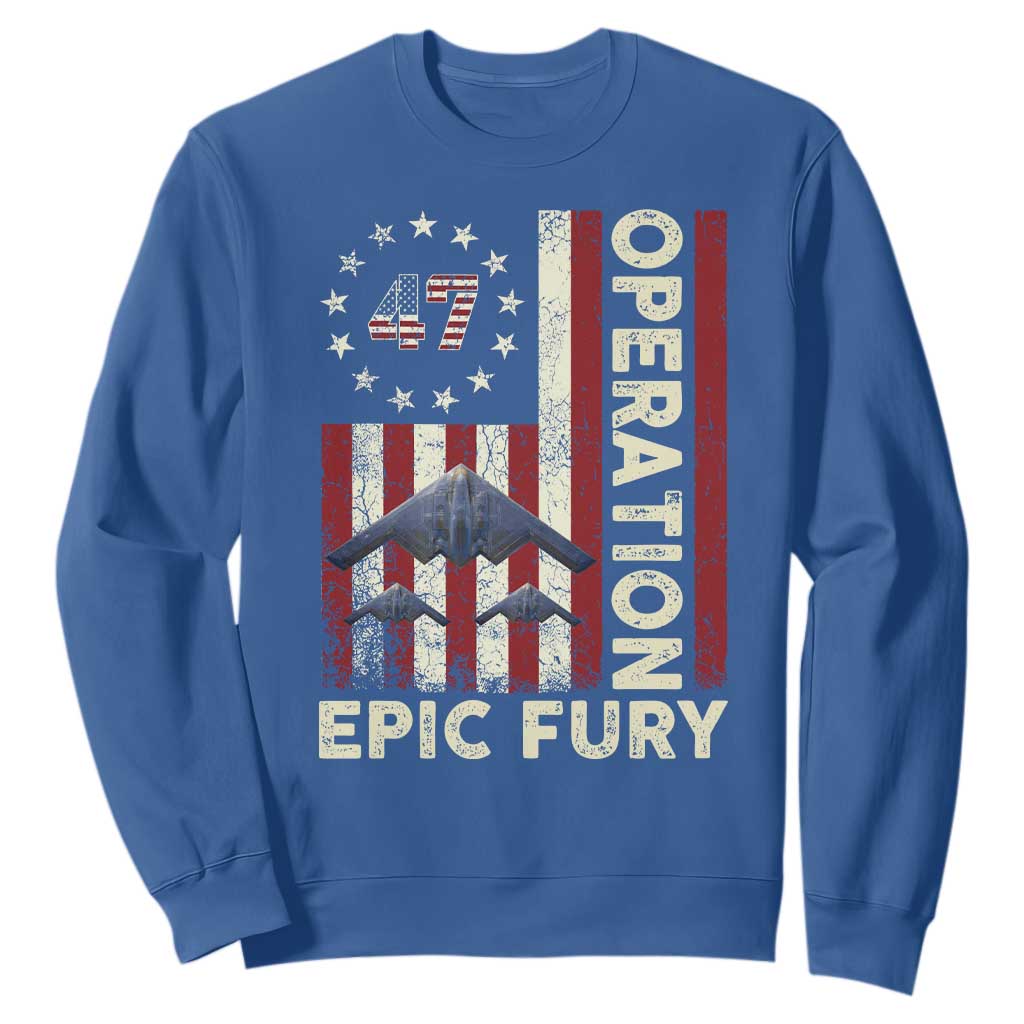 Operation Epic Fury Sweatshirt Military Tactical Warfare Stealth Jet American Flag TS11 Royal Blue Print Your Wear