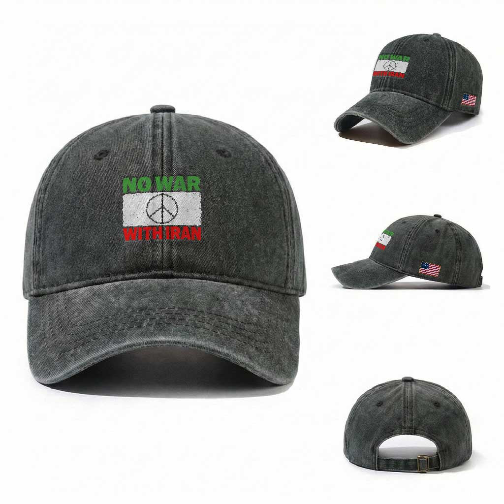 No War With Iran Washed Cotton Baseball Cap Iranian People Support Barbed Wire Peace Sign TS11 Washed Cap Universal Fit Dark Green Print Your Wear