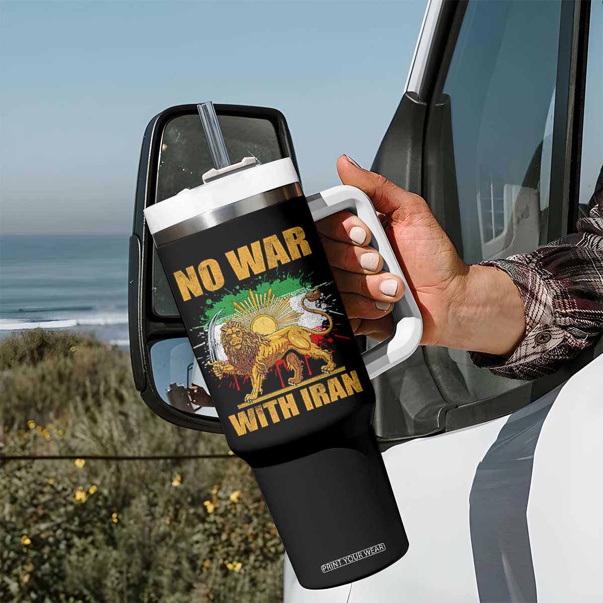 No War With Iran Tumbler With Handle Iran Flag Lion And Sun Persian Pride TS11 Print Your Wear