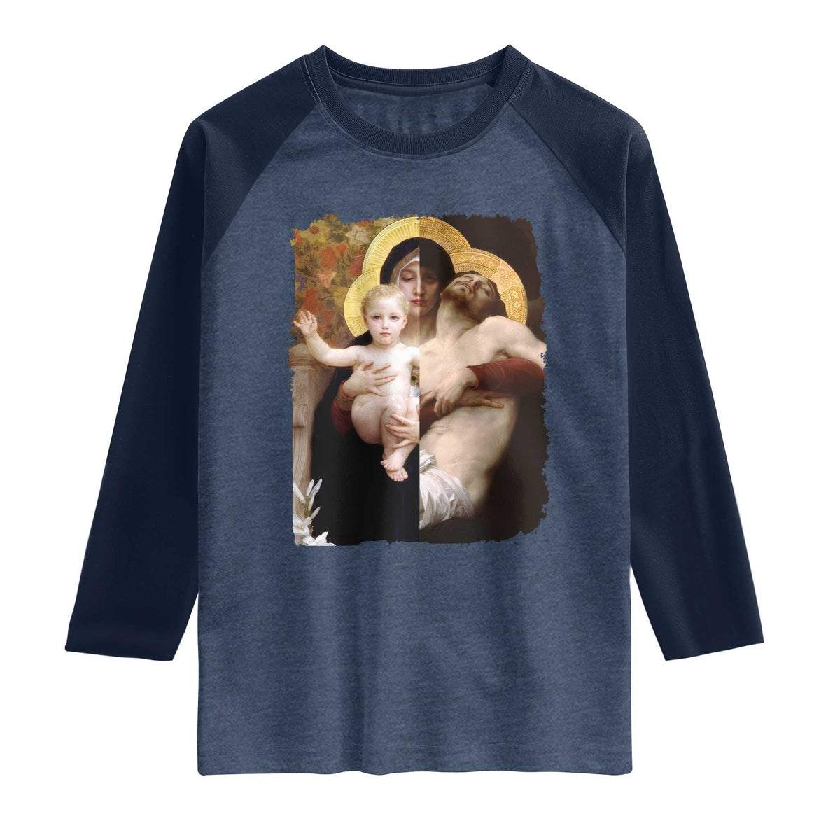Jesus Christ and Mother Mary William Adolphe Bouguereau Art Raglan Shirt TS11 Heather Denim Navy Print Your Wear