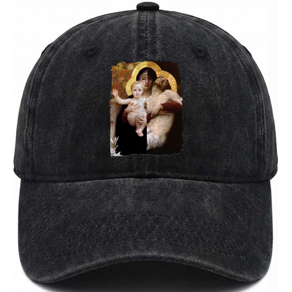 Jesus Christ and Mother Mary William Adolphe Bouguereau Art Washed Cotton Baseball Cap TS11 Washed Cap Universal Fit Black Print Your Wear