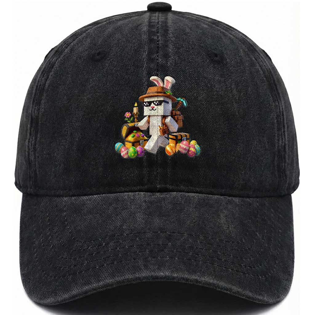 Funny Easter Day Bunny Miner Egg Video Game Washed Cotton Baseball Cap TS11 Washed Cap Universal Fit Black Print Your Wear