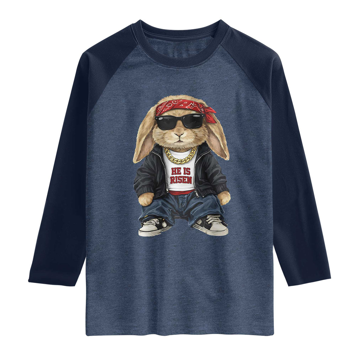 Hip Hop Easter Bunny He is Risen Jesus Religious Christian Raglan Shirt TS11 Heather Denim Navy Print Your Wear