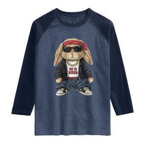 Hip Hop Easter Bunny He is Risen Jesus Religious Christian Raglan Shirt TS11 Heather Denim Navy Print Your Wear