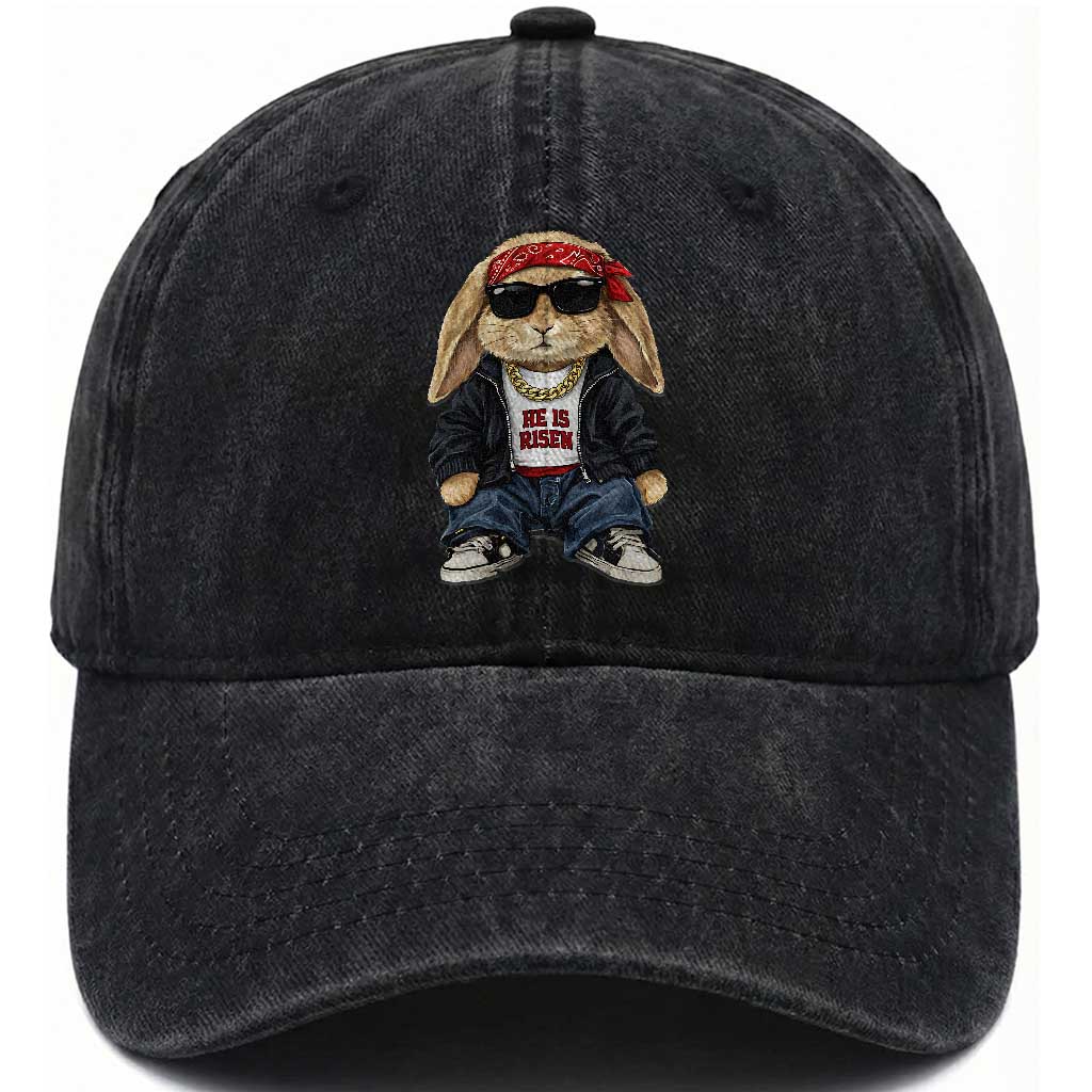 Hip Hop Easter Bunny He is Risen Jesus Religious Christian Washed Cotton Baseball Cap TS11 Washed Cap Universal Fit Black Print Your Wear