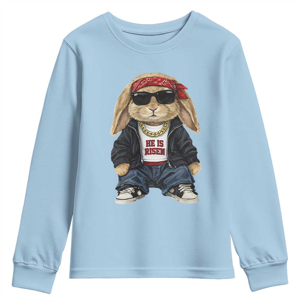 Hip Hop Easter Bunny He is Risen Jesus Religious Christian Youth Sweatshirt TS11 Light Blue Print Your Wear