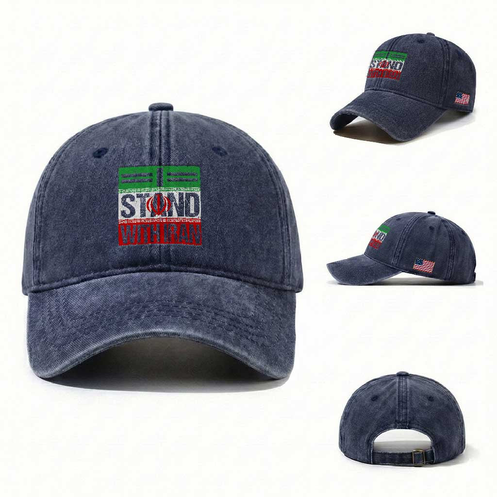I Stand With Iran Washed Cotton Baseball Cap Iranian People Freedom Protest TS11 Washed Cap Universal Fit Navy Print Your Wear