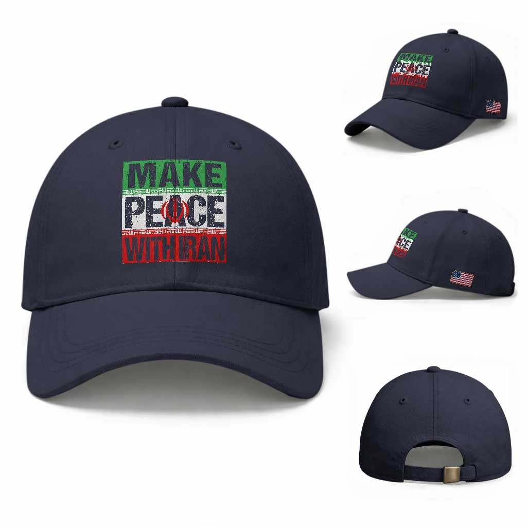 Make Peace With Iran Baseball Cap Peace Pacifist Stop War In Middle East TS11 Baseball Cap Universal Fit Navy Print Your Wear