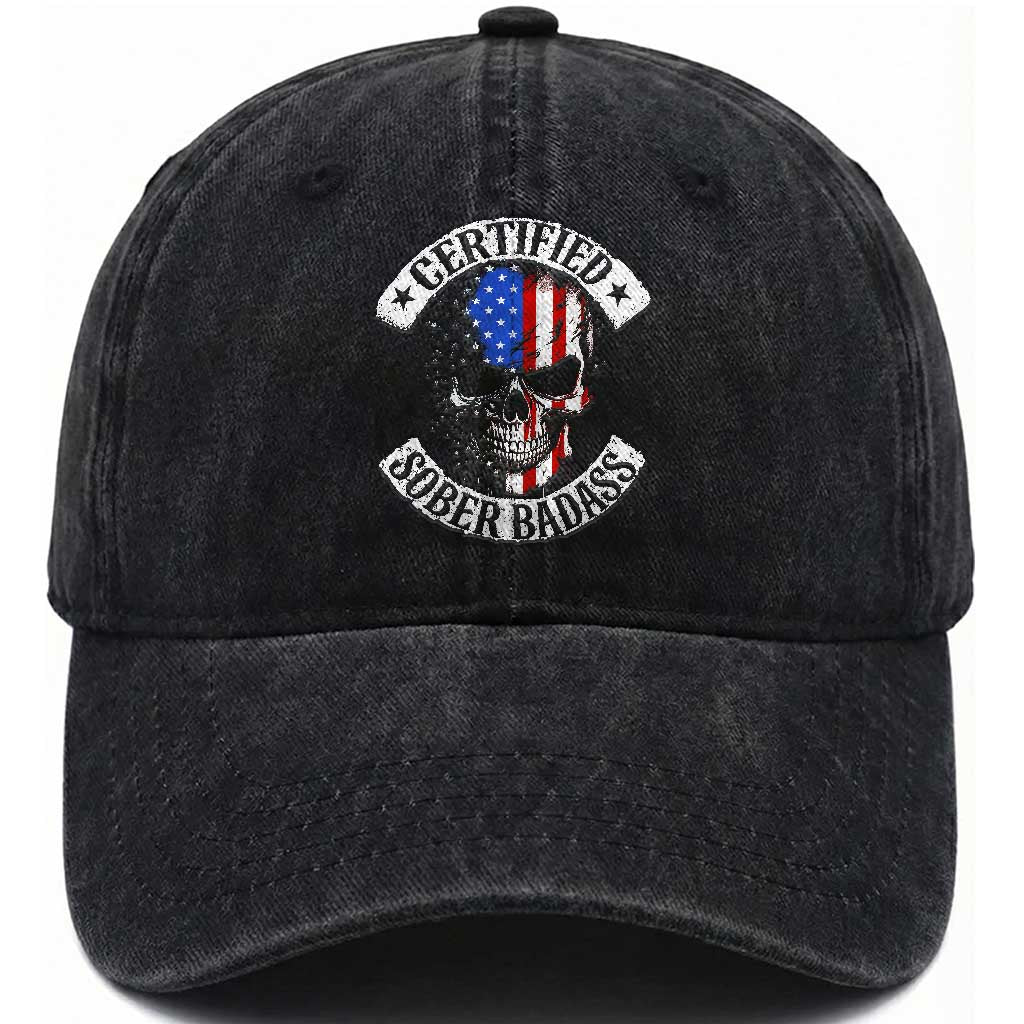 Certified Sober Badass Washed Cotton Baseball Cap Sobriety Alcohol Fighters Vintage Skull TS11 Print Your Wear