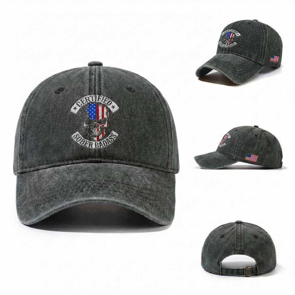 Certified Sober Badass Washed Cotton Baseball Cap Sobriety Alcohol Fighters Vintage Skull TS11 Washed Cap Universal Fit Dark Green Print Your Wear