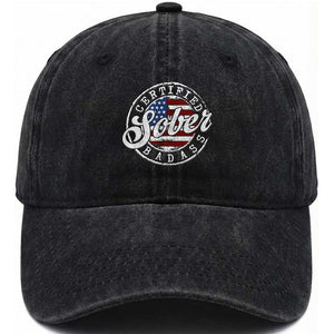 Certified Sober Badass Washed Cotton Baseball Cap Sobriety Alcohol Recovery Vintage American Flag TS11 Print Your Wear