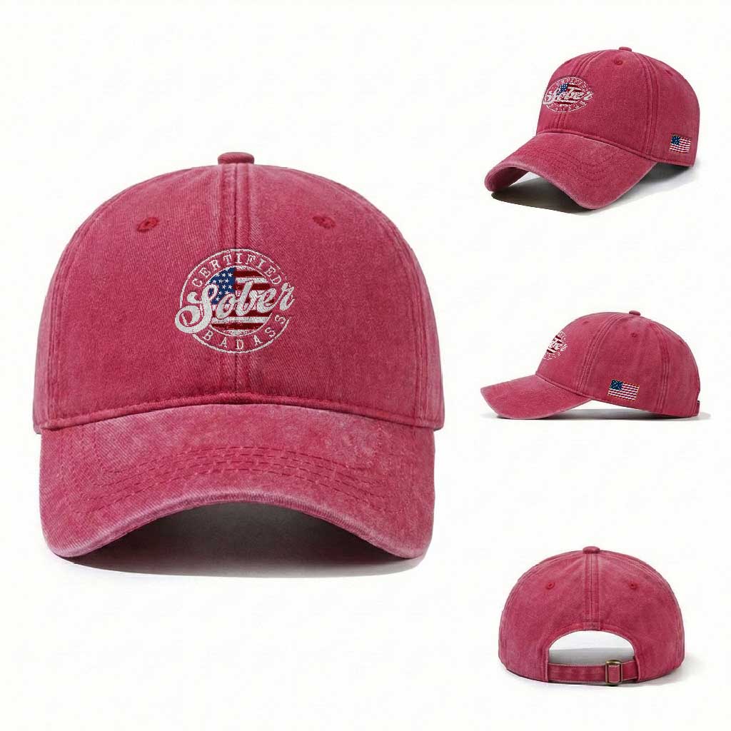 Certified Sober Badass Washed Cotton Baseball Cap Sobriety Alcohol Recovery Vintage American Flag TS11 Washed Cap Universal Fit Red Print Your Wear