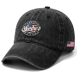Certified Sober Badass Washed Cotton Baseball Cap Sobriety Alcohol Recovery Vintage American Flag TS11 Print Your Wear