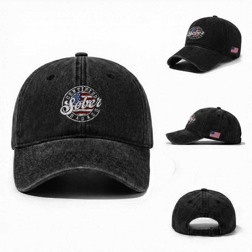 Certified Sober Badass Washed Cotton Baseball Cap Sobriety Alcohol Recovery Vintage American Flag TS11 Washed Cap Universal Fit Black Print Your Wear