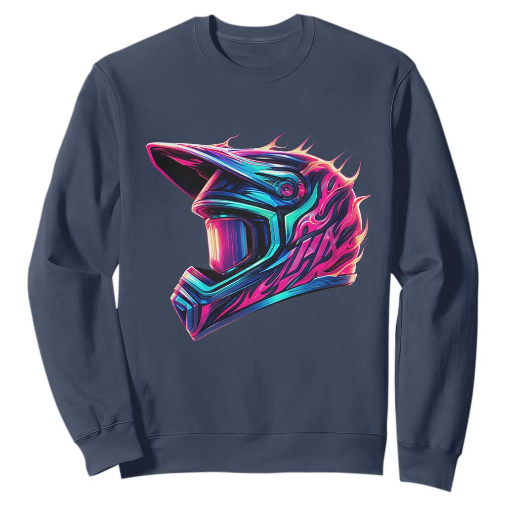Motocross Helmet Neon Flame Graphic Dirt Bike Racing Sweatshirt TS11 Navy Print Your Wear
