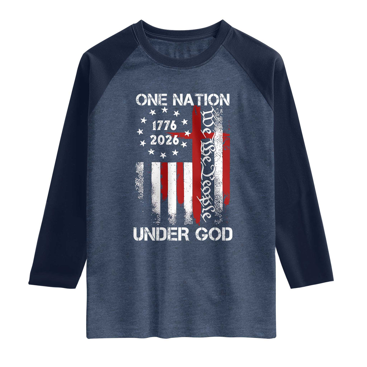 One Nation Under God 250 Years Raglan Shirt 250th Anniversary USA TS11 Heather Denim Navy Print Your Wear
