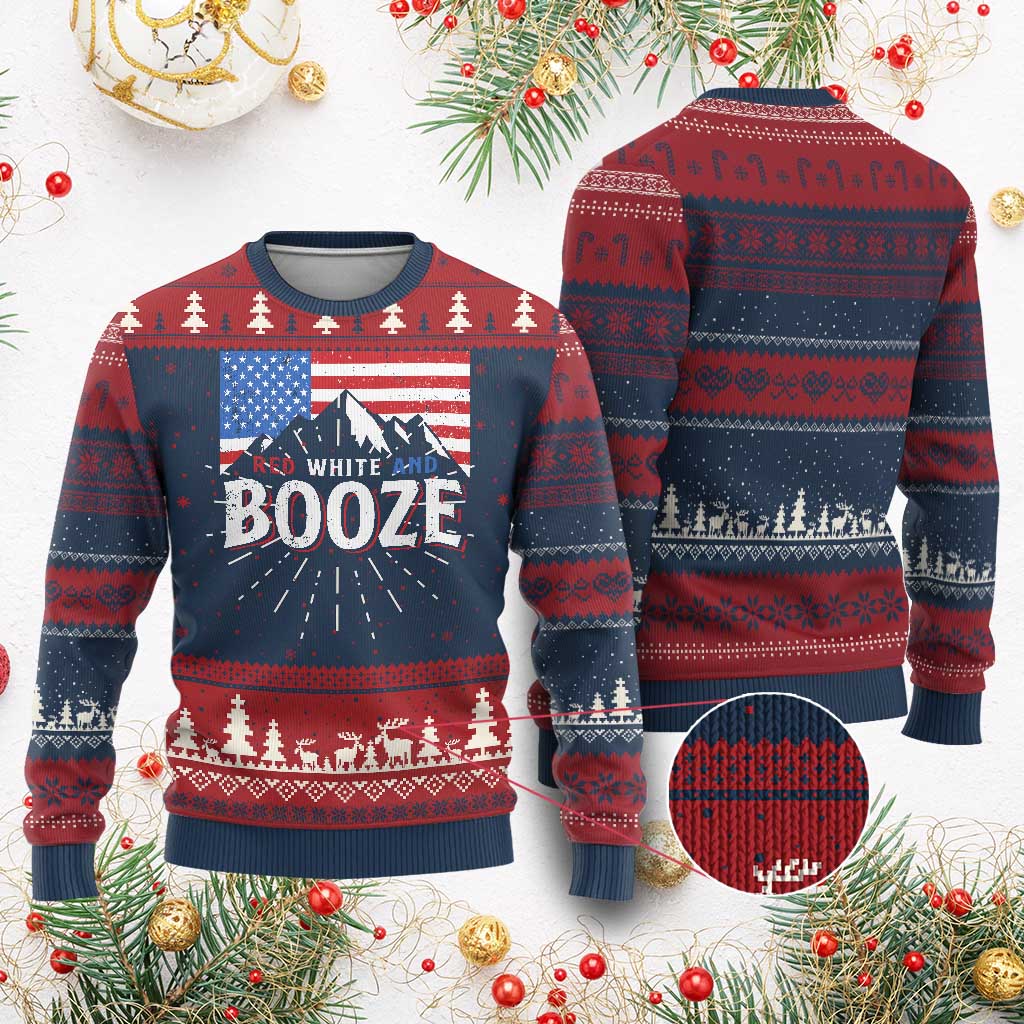 Funny Red White And Booze Knit Sweatshirt 4th Of July Beer American Flag TS11 Burgundy Print Your Wear