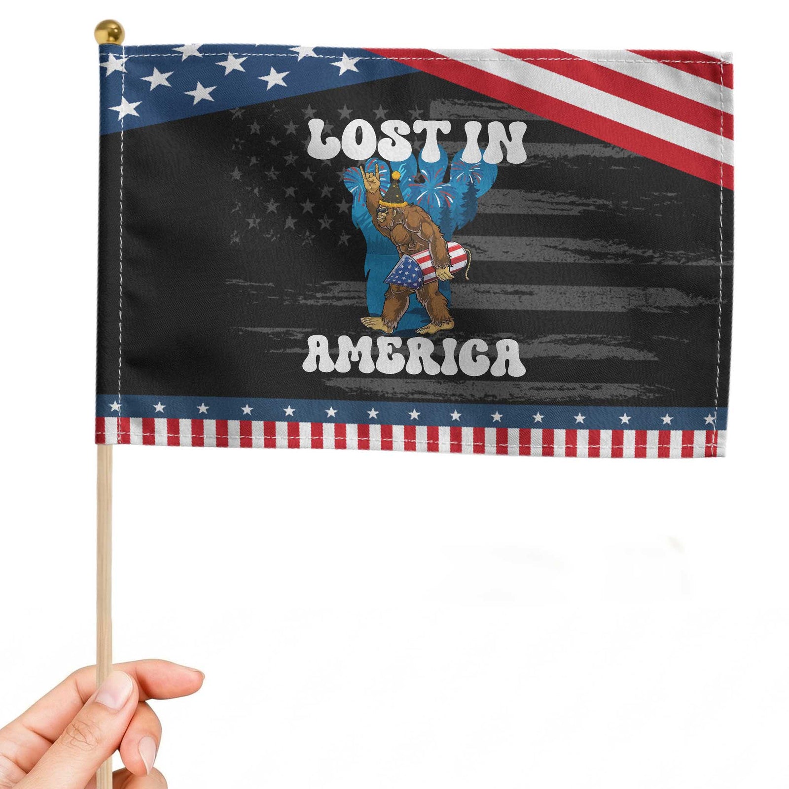Funny 4th Of July Bigfoot Lost In America Patriotic Handheld Flag Sasquatch Rocket Footprint Fireworks TS11 Distressed 8.2