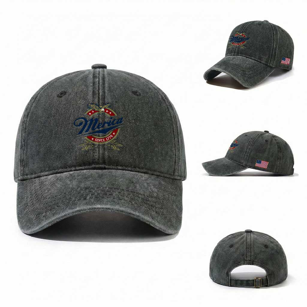 Funny Merica Since 1776 Washed Cotton Baseball Cap 4th of July Beer Lover Eagle TS11 Washed Cap Universal Fit Dark Green Print Your Wear