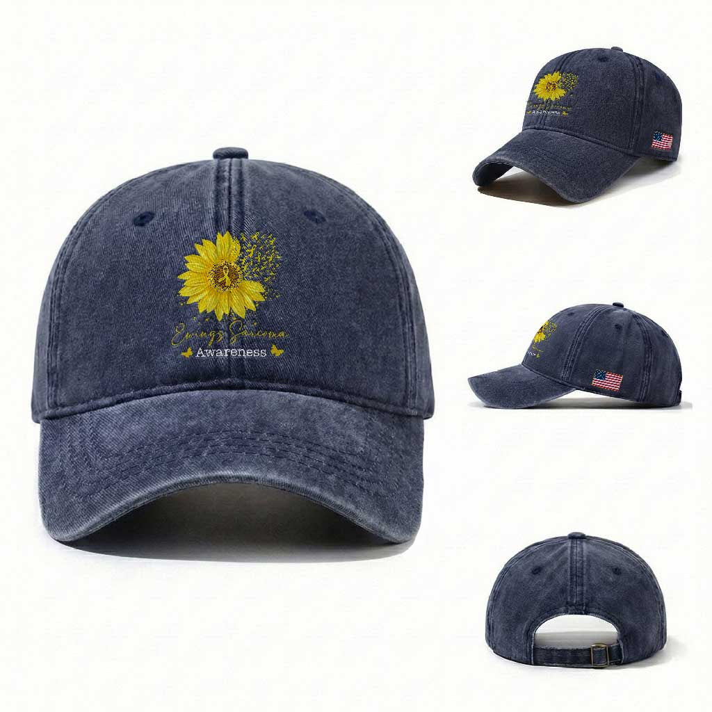 Ewings Sarcoma Awareness Washed Cotton Baseball Cap Yellow Flower Petal Ribbons Sunflower TS11 Washed Cap Universal Fit Navy Print Your Wear