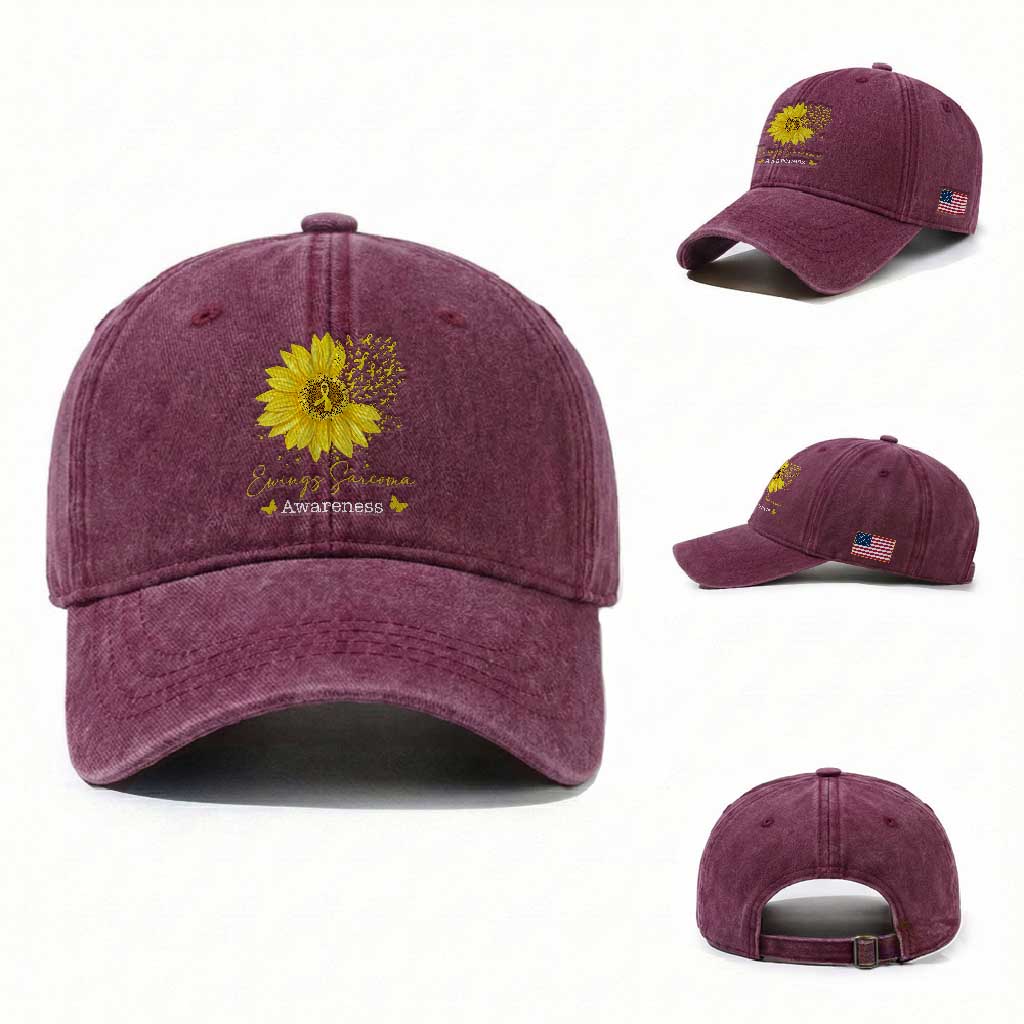 Ewings Sarcoma Awareness Washed Cotton Baseball Cap Yellow Flower Petal Ribbons Sunflower TS11 Washed Cap Universal Fit Burgundy Print Your Wear