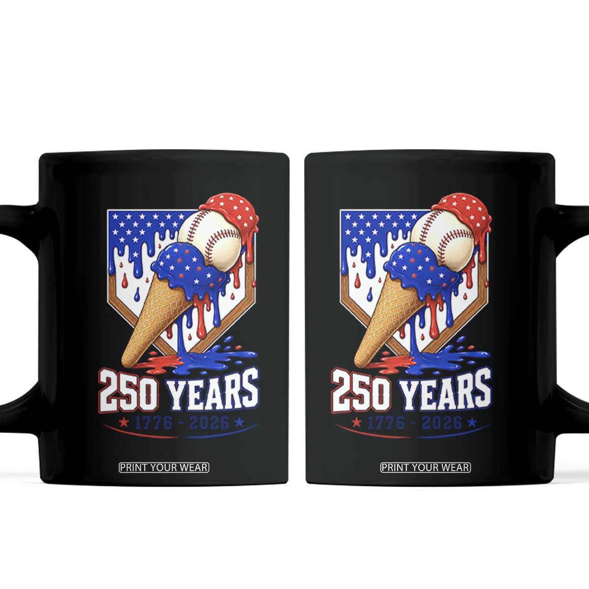 250 Years Baseball Ice Cream Drip 4th of July USA Flag Coffee Mug TS11 Black Print Your Wear