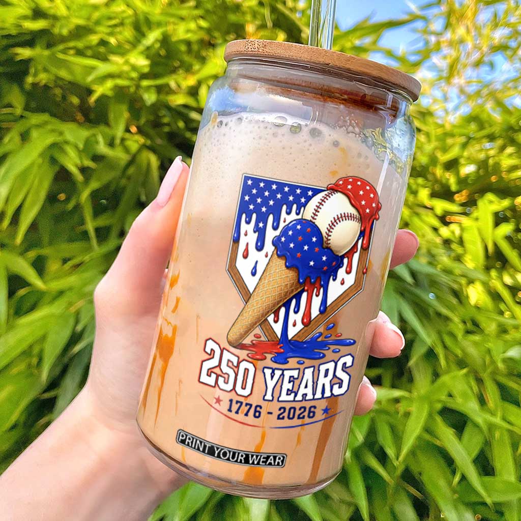250 Years Baseball Ice Cream Drip 4th of July USA Flag Glass Can TS11 Black Print Your Wear