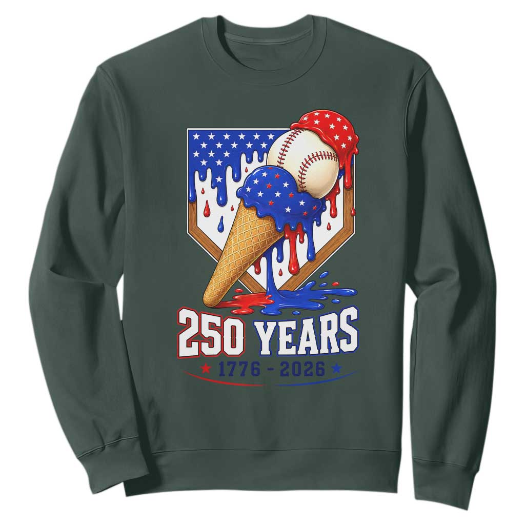 250 Years Baseball Ice Cream Drip 4th of July USA Flag Sweatshirt TS11 Dark Forest Green Print Your Wear