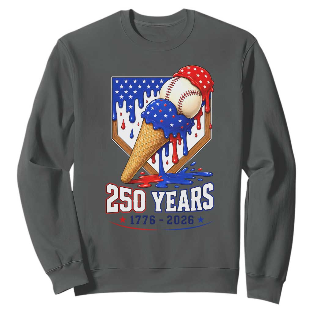 250 Years Baseball Ice Cream Drip 4th of July USA Flag Sweatshirt TS11 Dark Heather Print Your Wear