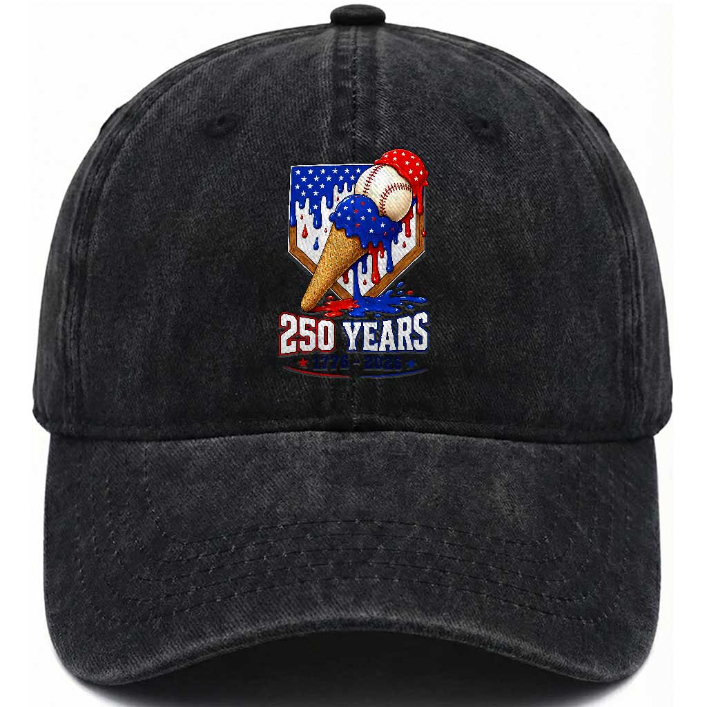 250 Years Baseball Ice Cream Drip 4th of July USA Flag Washed Cotton Baseball Cap TS11 Print Your Wear