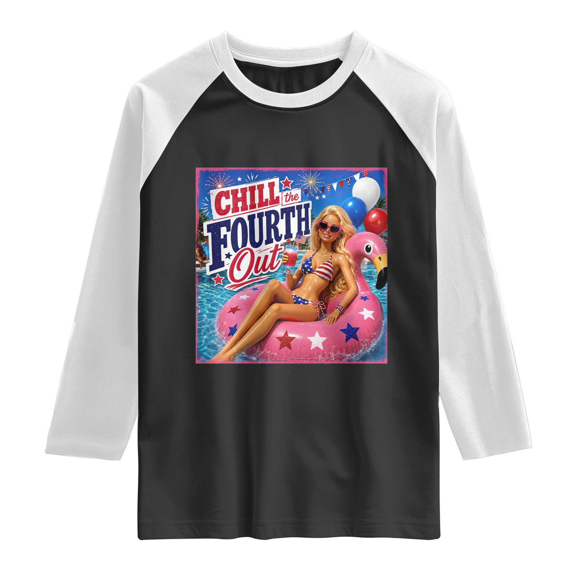 Chill The Fourth Out Doll Meme 4th of July Raglan Shirt TS11 Black White Print Your Wear