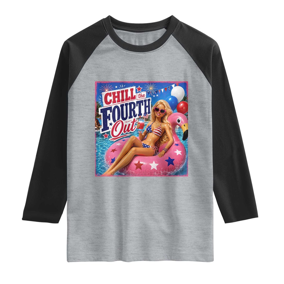 Chill The Fourth Out Doll Meme 4th of July Raglan Shirt TS11 Heather Gray Black Print Your Wear