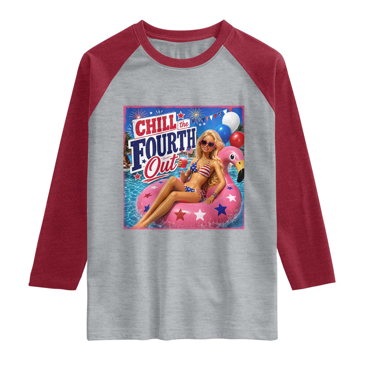 Chill The Fourth Out Doll Meme 4th of July Raglan Shirt TS11 Heather Gray Heather Red Print Your Wear