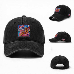 Chill The Fourth Out Doll Meme 4th of July Washed Cotton Baseball Cap TS11 Washed Cap Universal Fit Black Print Your Wear
