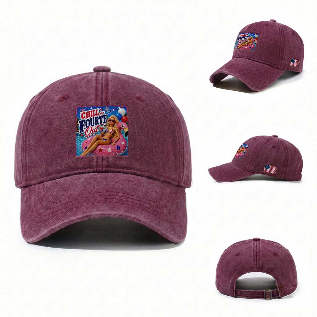 Chill The Fourth Out Doll Meme 4th of July Washed Cotton Baseball Cap TS11 Washed Cap Universal Fit Burgundy Print Your Wear